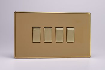 Varilight Flat Plate Screwless Polished Brass 4-Gang 10A 1- or 2-Way Rocker Switch (Twin Plate)