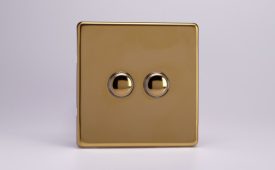 Varilight Flat Plate Screwless Polished Brass 2-Gang 6A 1-Way Push-to-Make Momentary Switch
