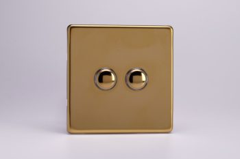 Varilight Flat Plate Screwless Polished Brass 2-Gang 6A 1-Way Push-to-Make Momentary Switch