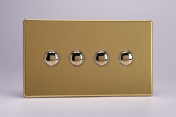 Varilight Flat Plate Screwless Polished Brass 4-Gang 6A 1-Way Push-to-Make Momentary Switch (Twin Plate)