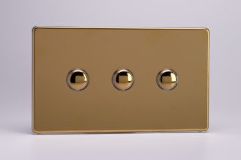 Varilight Flat Plate Screwless Polished Brass 3-Gang 6A 1- or 2-Way Push-On/Off Impulse Switch (Twin Plate)