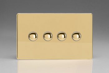 Varilight Flat Plate Screwless Polished Brass 4-Gang 6A 1- or 2-Way Push-On/Off Impulse Switch (Twin Plate)