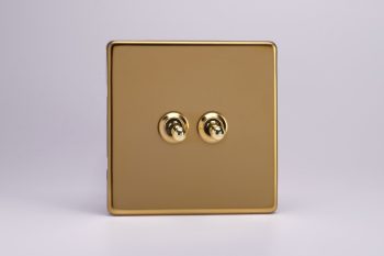 Varilight Flat Plate Screwless Polished Brass 2-Gang 10A 1- or 2-Way Toggle Switch