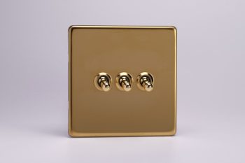 Varilight Flat Plate Screwless Polished Brass 3-Gang 10A 1- or 2-Way Toggle Switch