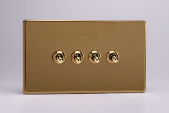 Varilight Flat Plate Screwless Polished Brass 4-Gang 10A 1- or 2-Way Toggle Switch (Twin Plate)