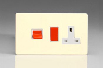 Varilight Flat Plate Screwless White Chocolate 45A Cooker Panel with 13A Double Pole Switched Socket Outlet (Red Rocker)