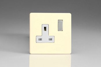 Varilight Flat Plate Screwless White Chocolate 1-Gang 13A Double Pole Switched Socket with Metal Rockers