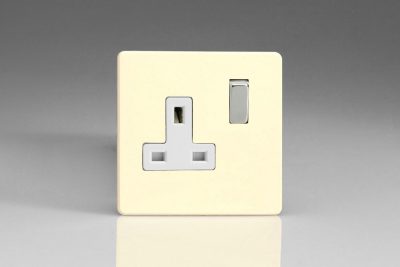 Varilight Flat Plate Screwless White Chocolate 1-Gang 13A Double Pole Switched Socket with Metal Rockers