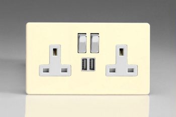 Varilight Flat Plate Screwless White Chocolate 2-Gang 13A Single Pole Switched Socket with Metal Rockers + 2 5V DC 2100mA USB Charging Ports