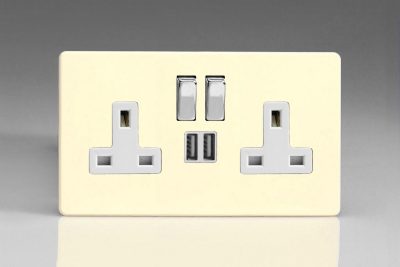 Varilight Flat Plate Screwless White Chocolate 2-Gang 13A Single Pole Switched Socket with Metal Rockers + 2 5V DC 2100mA USB Charging Ports