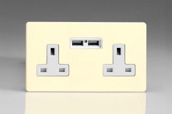 Varilight Flat Plate Screwless White Chocolate 2-Gang 13A Unswitched Socket + 2x5V DC 2100mA USB Charging Ports