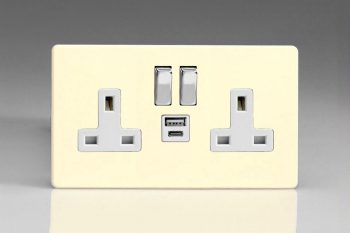 Varilight Flat Plate Screwless White Chocolate 2-Gang 13A Single Pole Switched Socket with 1x USB A & 1x USB C Charging Ports