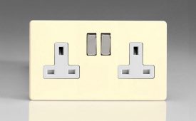 Varilight Flat Plate Screwless White Chocolate 2-Gang 13A Double Pole Switched Socket with Metal Rockers