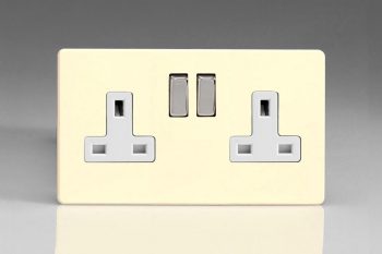 Varilight Flat Plate Screwless White Chocolate 2-Gang 13A Double Pole Switched Socket with Metal Rockers