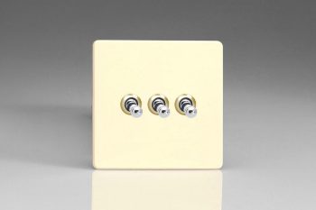 Varilight Flat Plate Screwless White Chocolate 3-Gang 10A 1- or 2-Way Toggle Switch