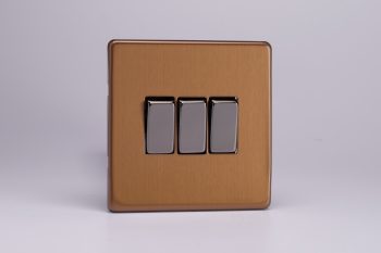 Varilight Flat Plate Screwless Brushed Bronze 3-Gang 10A 1- or 2-Way Rocker Switch