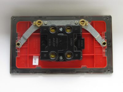 Varilight Flat Plate Screwless Primed 45A Cooker Switch + Neon (Vertical Twin Plate, Red Rocker) - Image 2