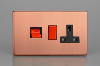 Varilight Urban Screwless Brushed Copper 45A Cooker Panel with 13A Double Pole Switched Socket Outlet (Red Rocker)