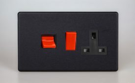 Varilight Urban Screwless Matt Black 45A Cooker Panel with 13A Double Pole Switched Socket Outlet (Red Rocker)