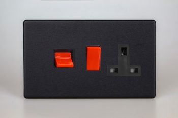 Varilight Urban Screwless Matt Black 45A Cooker Panel with 13A Double Pole Switched Socket Outlet (Red Rocker)