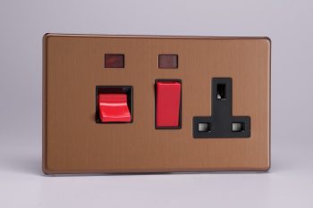 Varilight Flat Plate Screwless Brushed Bronze 45A Cooker Panel + Neon with 13A Double Pole Switched Socket Outlet (Red Rocker)