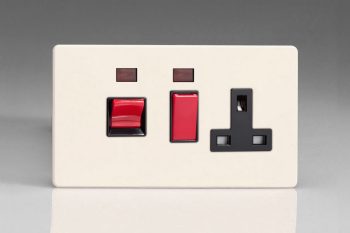 Varilight Flat Plate Screwless Primed 45A Cooker Panel + Neon with 13A Double Pole Switched Socket Outlet (Red Rocker)