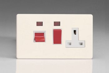 Varilight Flat Plate Screwless Primed 45A Cooker Panel + Neon with 13A Double Pole Switched Socket Outlet (Red Rocker)