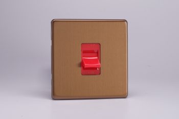 Varilight Flat Plate Screwless Brushed Bronze 45A Cooker Switch (Single Plate, Red Rocker)