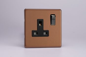 Varilight Flat Plate Screwless Brushed Bronze 1-Gang 13A Double Pole Switched Socket with Metal Rockers