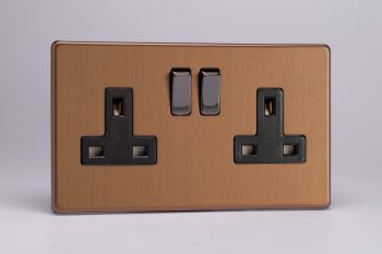 Varilight Flat Plate Screwless Brushed Bronze 2-Gang 13A Double Pole Switched Socket with Metal Rockers