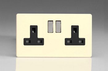 Varilight Flat Plate Screwless Primed 2-Gang 13A Double Pole Switched Socket with Metal Rockers