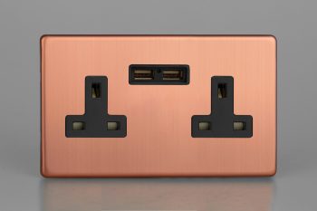 Varilight Urban Screwless Brushed Copper 2-Gang 13A Unswitched Socket + 2x5V DC 2100mA USB Charging Ports