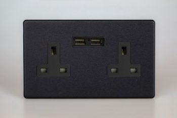 Varilight Urban Screwless Matt Black 2-Gang 13A Unswitched Socket + 2x5V DC 2100mA USB Charging Ports