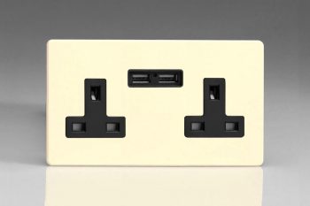 Varilight Flat Plate Screwless Primed 2-Gang 13A Single Pole Switched Socket + 2 5V DC 2100mA USB Charging Ports