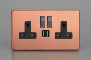 Varilight Urban Screwless Brushed Copper 2-Gang 13A Single Pole Switched Socket with Metal Rockers + 2x5V DC 2100mA USB Charging Ports