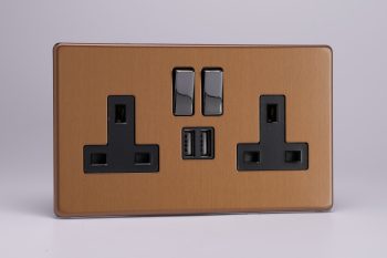 Varilight Flat Plate Screwless Brushed Bronze 2-Gang 13A Single Pole Switched Socket with Metal Rockers + 2x5V DC 2100mA USB Charging Ports