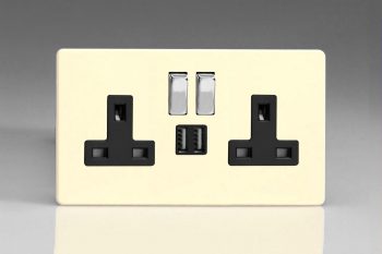 Varilight Flat Plate Screwless Primed 2-Gang 13A Single Pole Switched Socket with Metal Rockers + 2 5V DC 2100mA USB Charging Ports