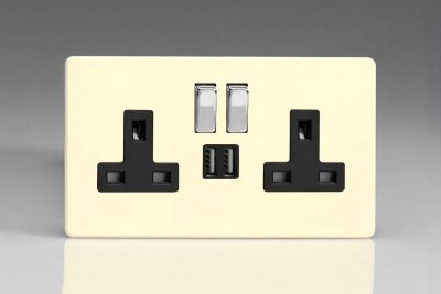 Varilight Flat Plate Screwless Primed 2-Gang 13A Single Pole Switched Socket with Metal Rockers + 2 5V DC 2100mA USB Charging Ports