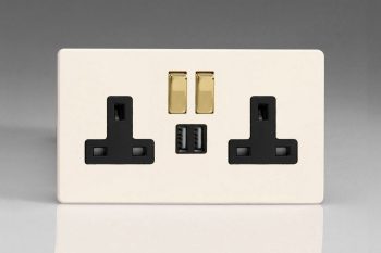 Varilight Flat Plate Screwless Primed Vogue 2-Gang 13A Single Pole Switched Socket with Metal Rockers + 2 5V DC 2100mA USB Charging Ports