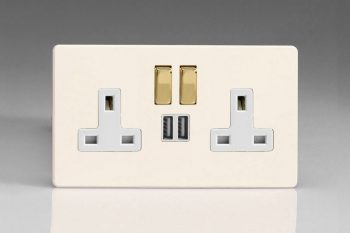 Varilight Flat Plate Screwless Primed Vogue 2-Gang 13A Single Pole Switched Socket with Metal Rockers + 2 5V DC 2100mA USB Charging Ports