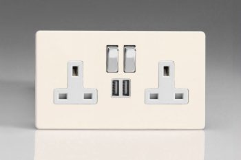 Varilight Flat Plate Screwless Primed 2-Gang 13A Single Pole Switched Socket with Metal Rockers + 2 5V DC 2100mA USB Charging Ports