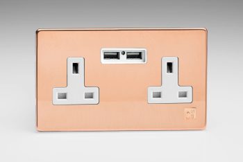Varilight Antimicrobial Screwless Copper 2 Gang 13 Amp Single Pole Switched Socket + 2 x 5V DC 2100mA USB Charging Ports
