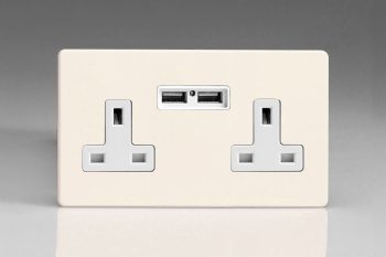Varilight Flat Plate Screwless Primed 2-Gang 13A Single Pole Switched Socket + 2 5V DC 2100mA USB Charging Ports