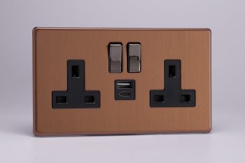 Varilight Flat Plate Screwless Brushed Bronze 2-Gang 13A Single Pole Switched Socket with 1x USB A & 1x USB C Charging Ports