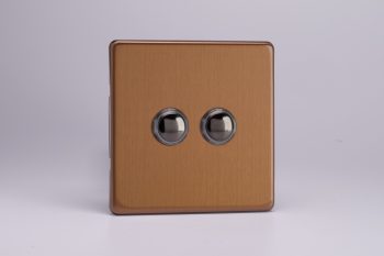 Varilight Flat Plate Screwless Brushed Bronze 2-Gang 6A 1- or 2-Way Push-On/Off Impulse Switch