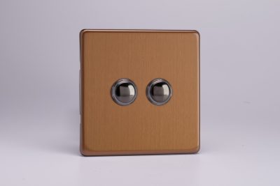 Varilight Flat Plate Screwless Brushed Bronze 2-Gang 6A 1- or 2-Way Push-On/Off Impulse Switch