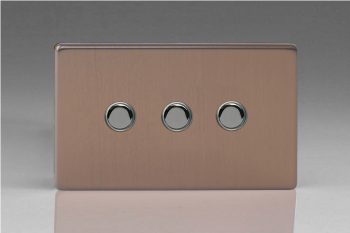 Varilight Flat Plate Screwless Brushed Bronze 3-Gang 6A 1- or 2-Way Push-On/Off Impulse Switch (Twin Plate)