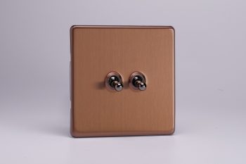 Varilight Flat Plate Screwless Brushed Bronze 2-Gang 10A 1- or 2-Way Toggle Switch