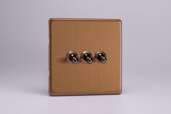 Varilight Flat Plate Screwless Brushed Bronze 3-Gang 10A 1- or 2-Way Toggle Switch