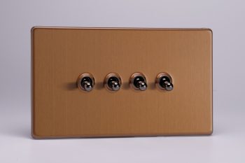 Varilight Flat Plate Screwless Brushed Bronze 4-Gang 10A 1- or 2-Way Toggle Switch (Twin Plate)